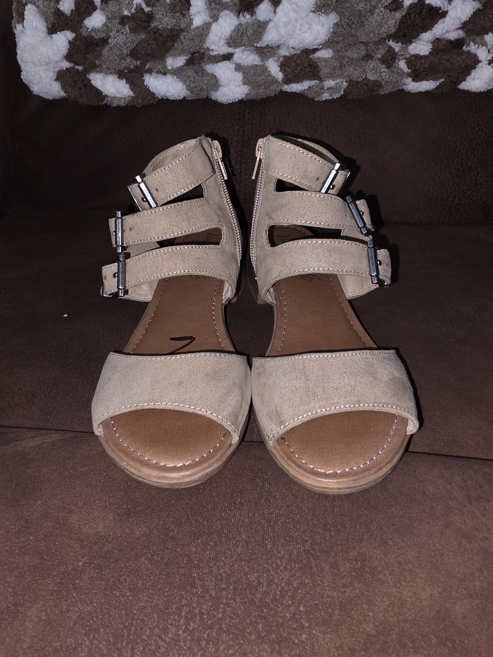 2/$15 Women’s Suede Buckle Sandals in Beige